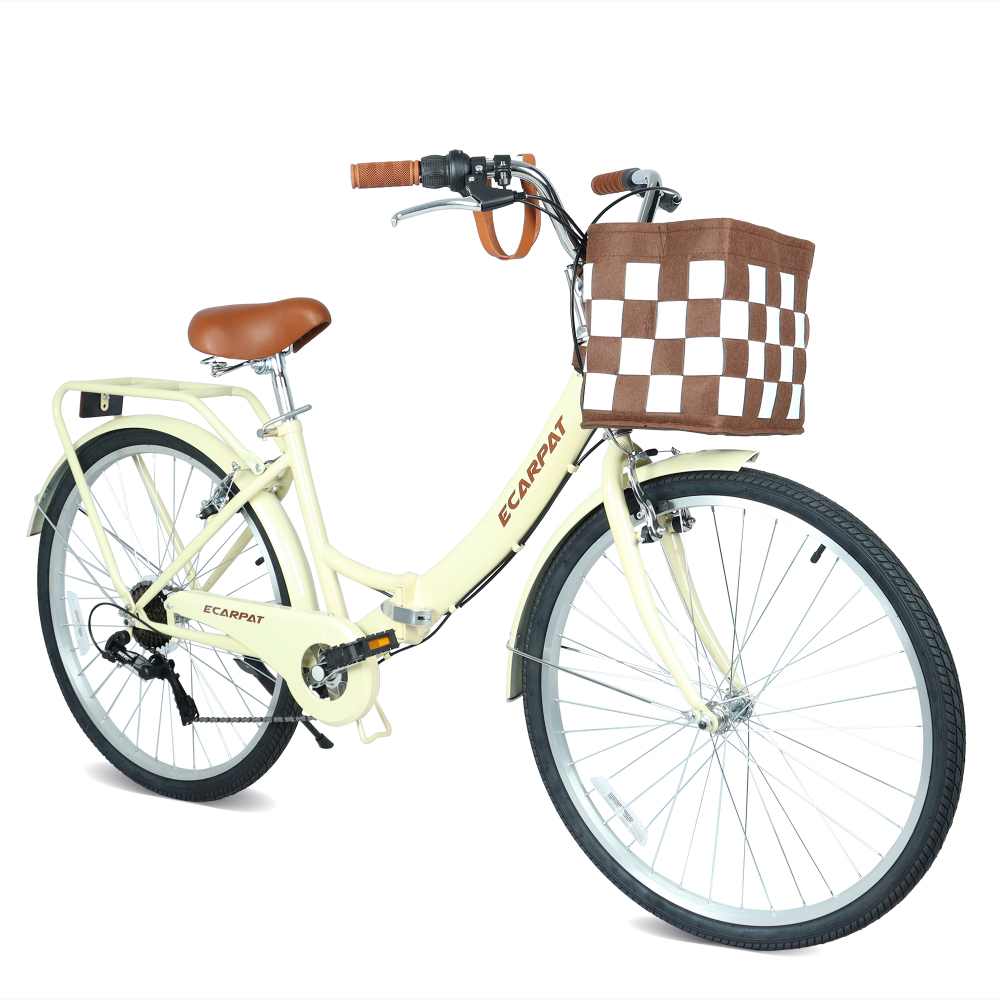 Commuting With Bike - A26285B 26インチ折りたたみシティバイク、7段変速＆通勤用アクセサリー付き、取り外し可能なバスケット＆カップホルダー、スチールフレーム、合金リム、Vブレーキ、都会の男性と女性に快適な乗り心地、複数のカラーをご用意